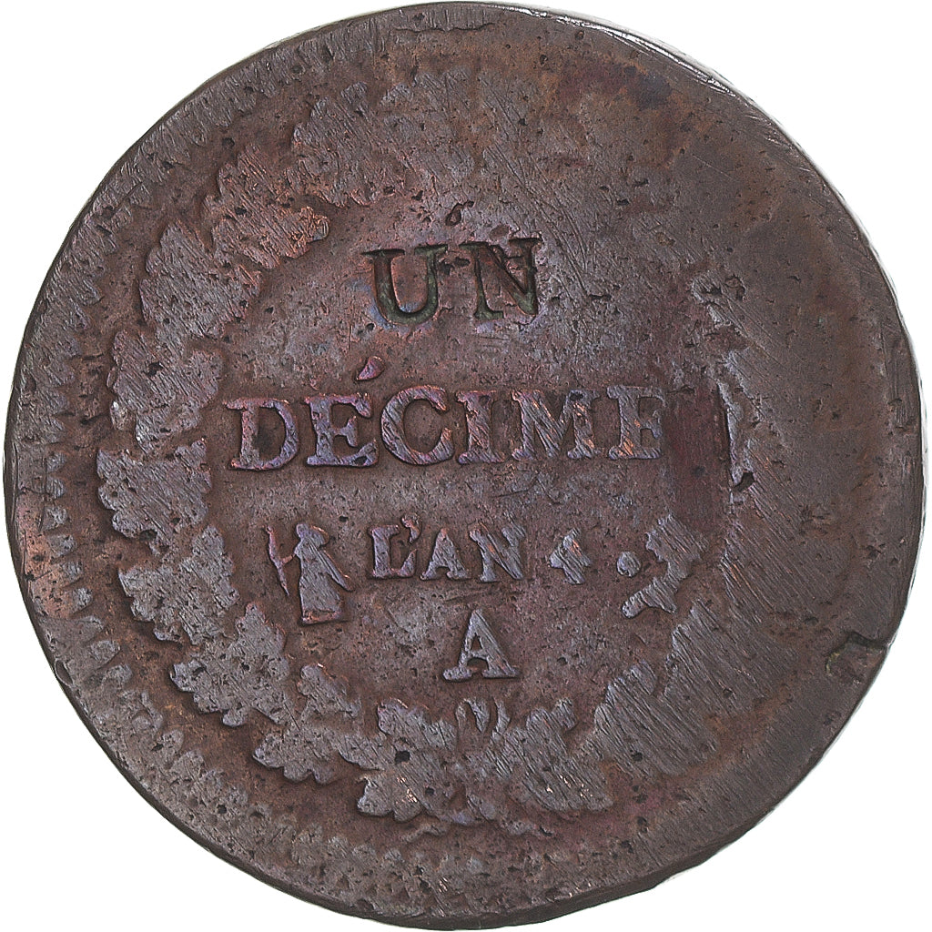 Moneda, Francia, Dupré, Decime, 1792 / AN 4, Paris, modifié, BC+, Bronce