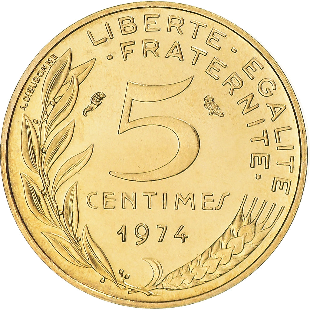 Munten, Frankrijk, Marianne, 5 Centimes, 1974, Paris, FDC, Aluminum-Bronze