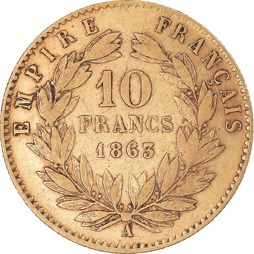 Moneta, Francia, Napoleon III, 10 Francs, 1863, Paris, MB+, Oro, KM:800.1