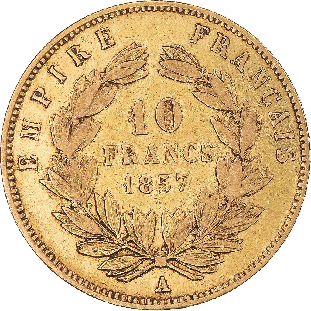 Moneda, Francia, Napoleon III, 10 Francs, 1857, Paris, BC+, Oro, KM:784.3