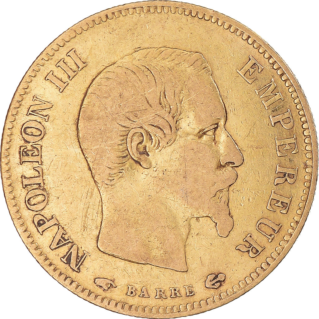 Moneda, Francia, Napoleon III, 10 Francs, 1858, Paris, BC+, Oro, KM:784.3