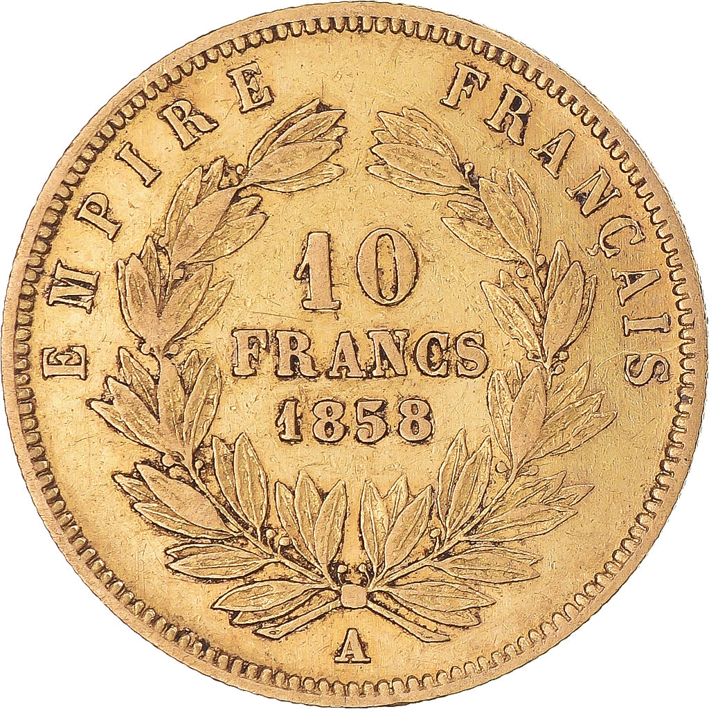 Moneda, Francia, Napoleon III, 10 Francs, 1858, Paris, BC+, Oro, KM:784.3