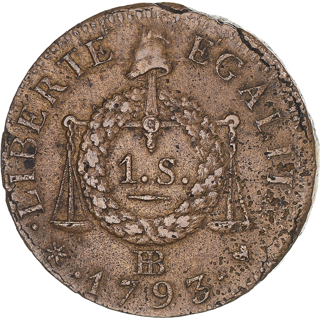 Coin, France, Sol aux balances françoise, Sol, 1793, Strasbourg, VF(30-35)