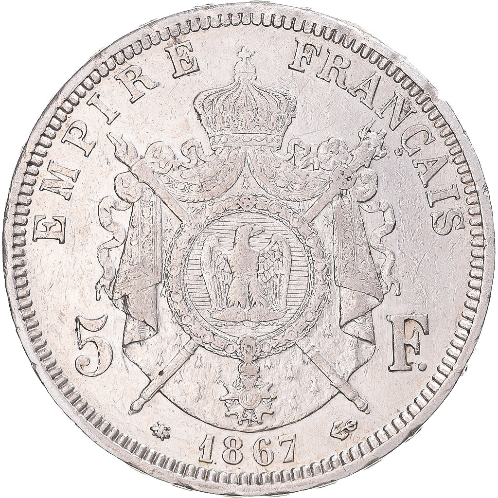 Moneta, Francia, Napoleon III, 5 Francs, 1867, Paris, BB+, Argento, KM:799.1
