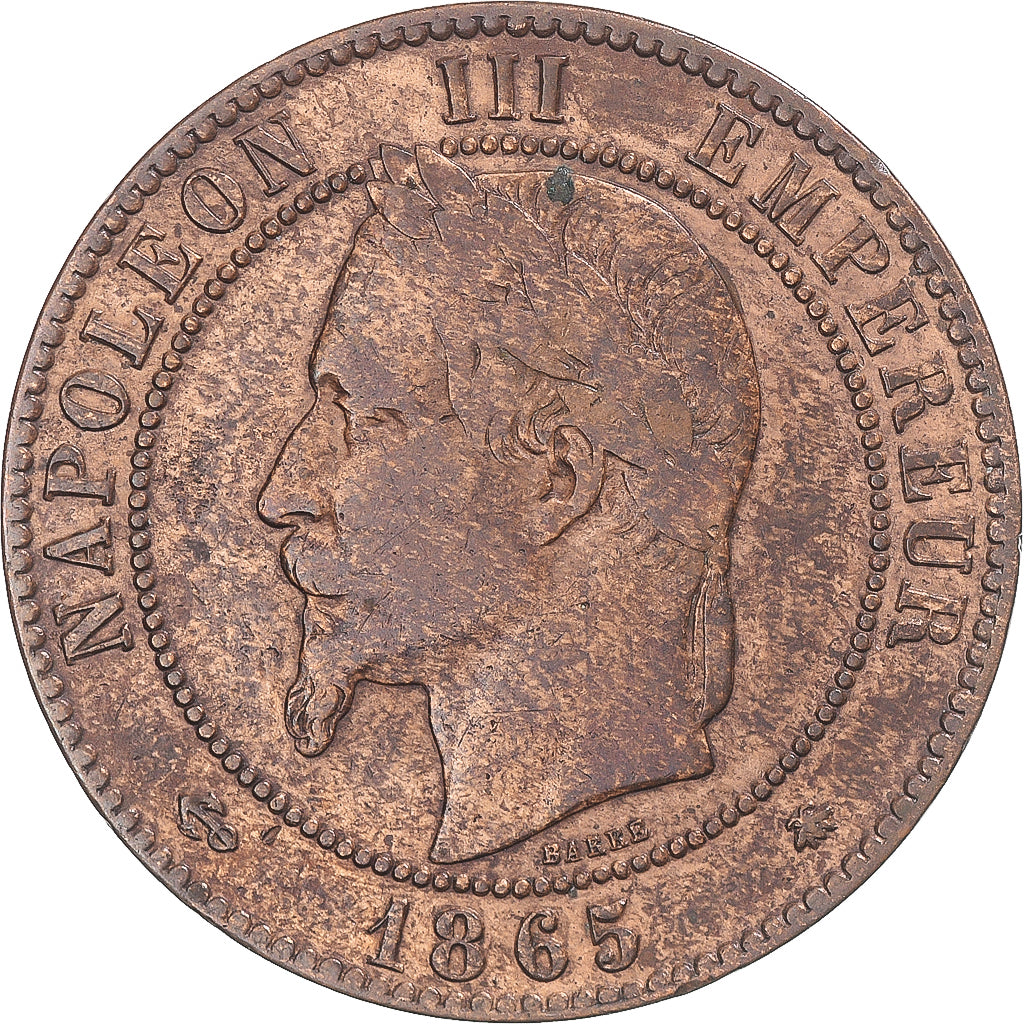 Moneda, Francia, Napoleon III, 10 Centimes, 1865, Paris, BC+, Bronce, KM:771.1