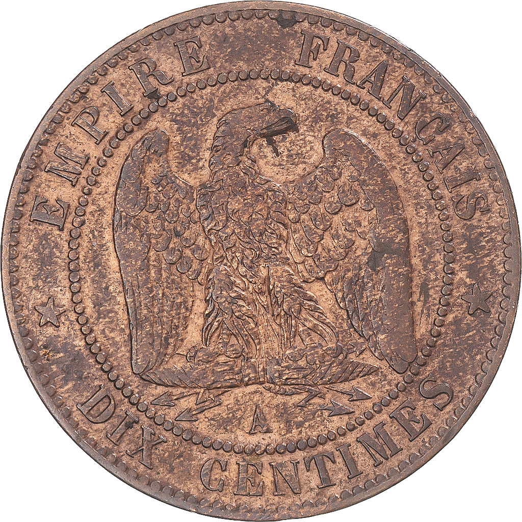 Moneda, Francia, Napoleon III, 10 Centimes, 1865, Paris, BC+, Bronce, KM:771.1