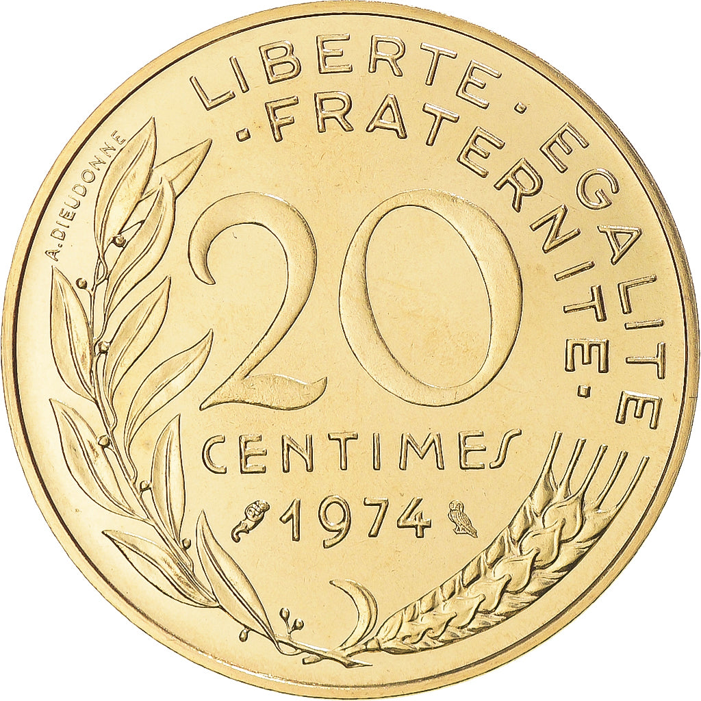 Moneta, Francja, Marianne, 20 Centimes, 1974, Paris, MS(65-70), Aluminium-Brąz