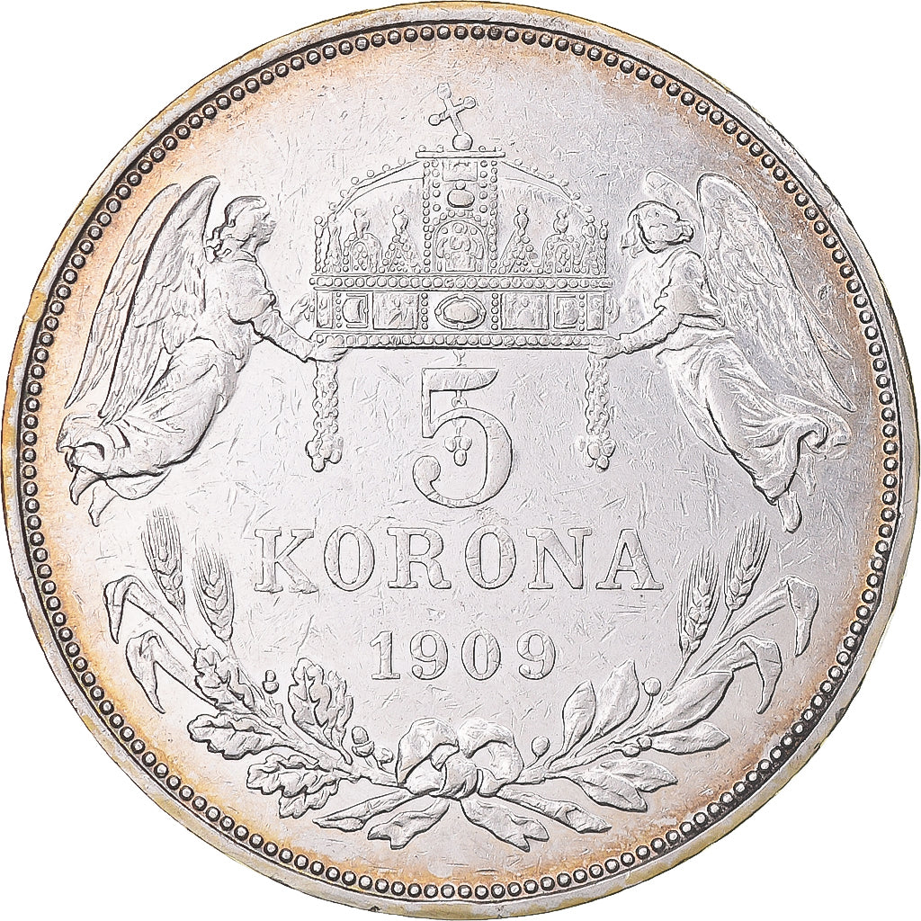 Moneta, Ungheria, Franz Joseph I, 5 Korona, 1909, Kormoczbanya, BB+, Argento