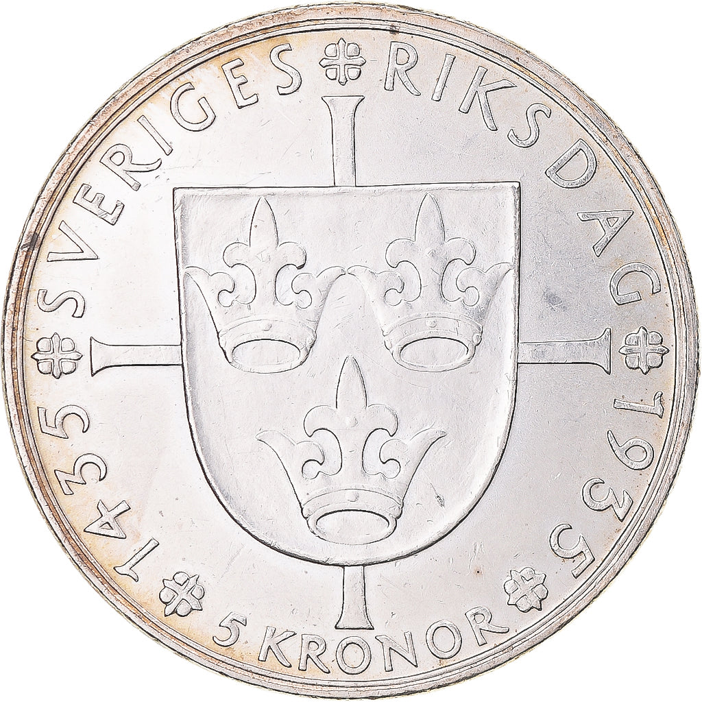 Coin, Sweden, Gustaf V, 5 Kronor, 1935, AU(55-58), Silver, KM:806
