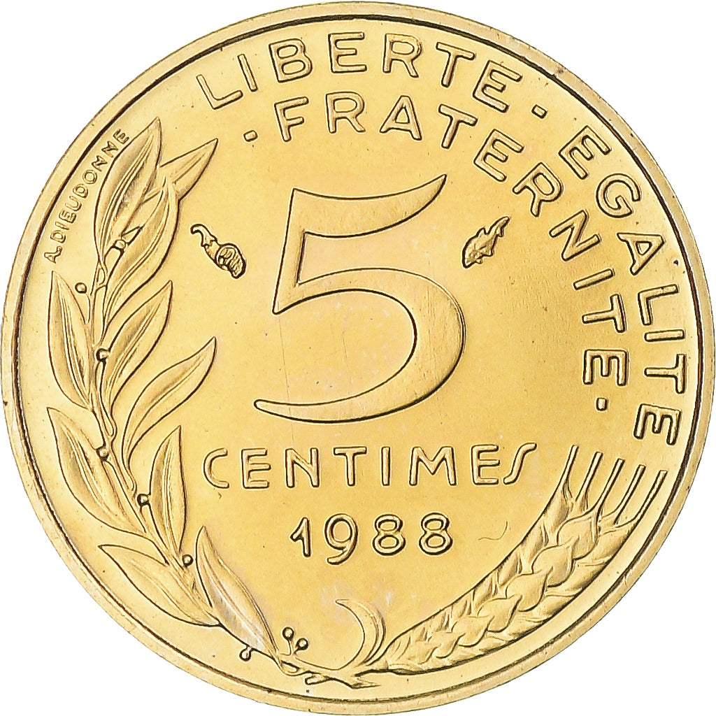 Munten, Frankrijk, Marianne, 5 Centimes, 1988, Paris, FDC, Aluminum-Bronze