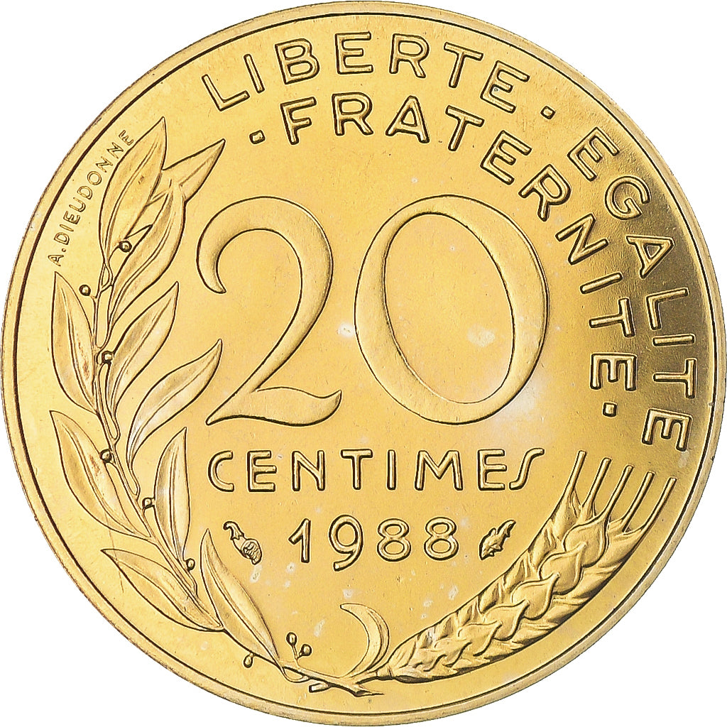 Munten, Frankrijk, Marianne, 20 Centimes, 1988, Paris, FDC, Aluminum-Bronze