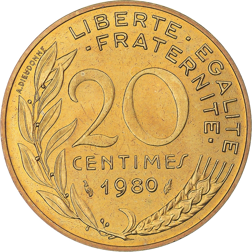 Moneta, Francja, Marianne, 20 Centimes, 1980, Paris, MS(65-70), Aluminium-Brąz
