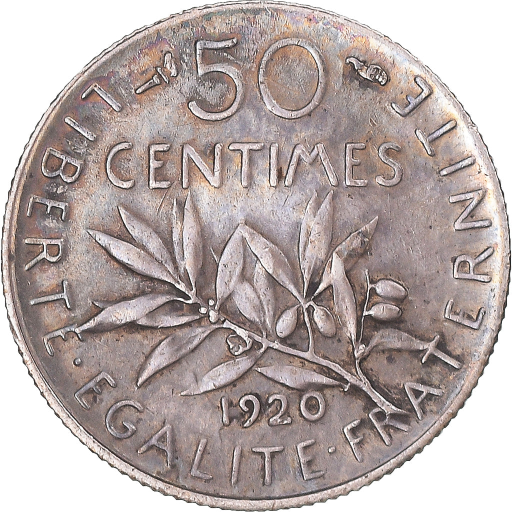 Moneda, Francia, Semeuse, 50 Centimes, 1920, Paris, MBC, Plata, KM:854