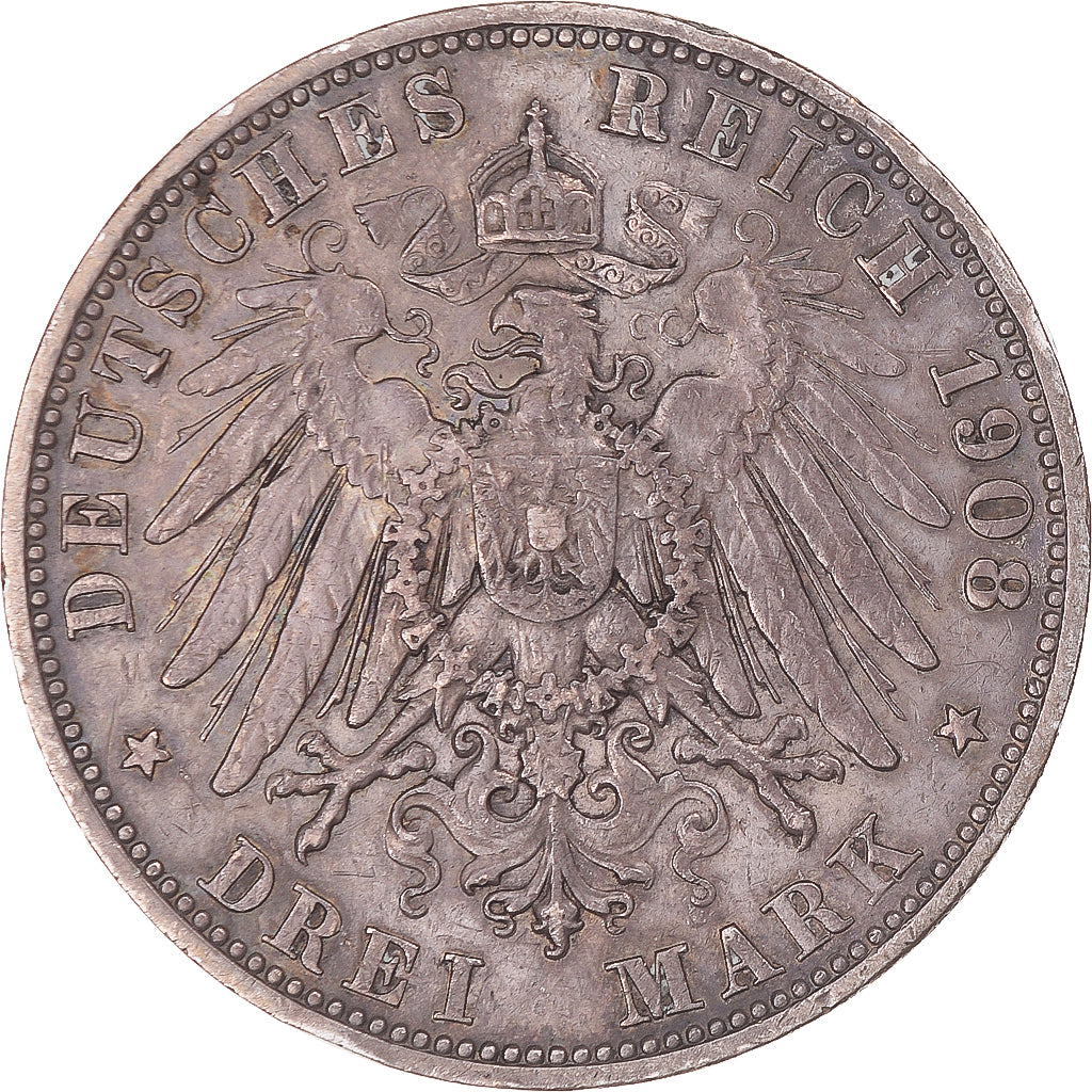 Moneda, Estados alemanes, WURTTEMBERG, Wilhelm II, 3 Mark, 1908, Freudenstadt