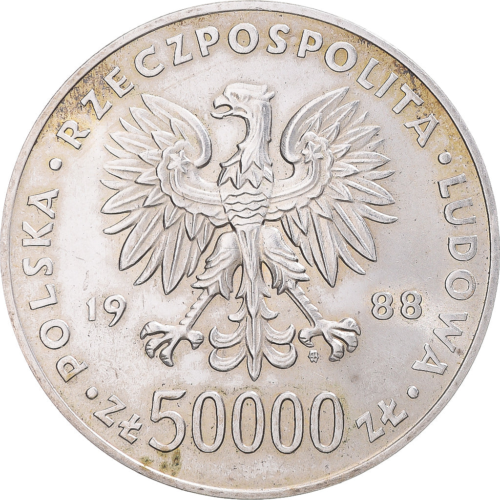 Coin, Poland, 50000 Zlotych, 1988, Warsaw, AU(55-58), Silver, KM:180
