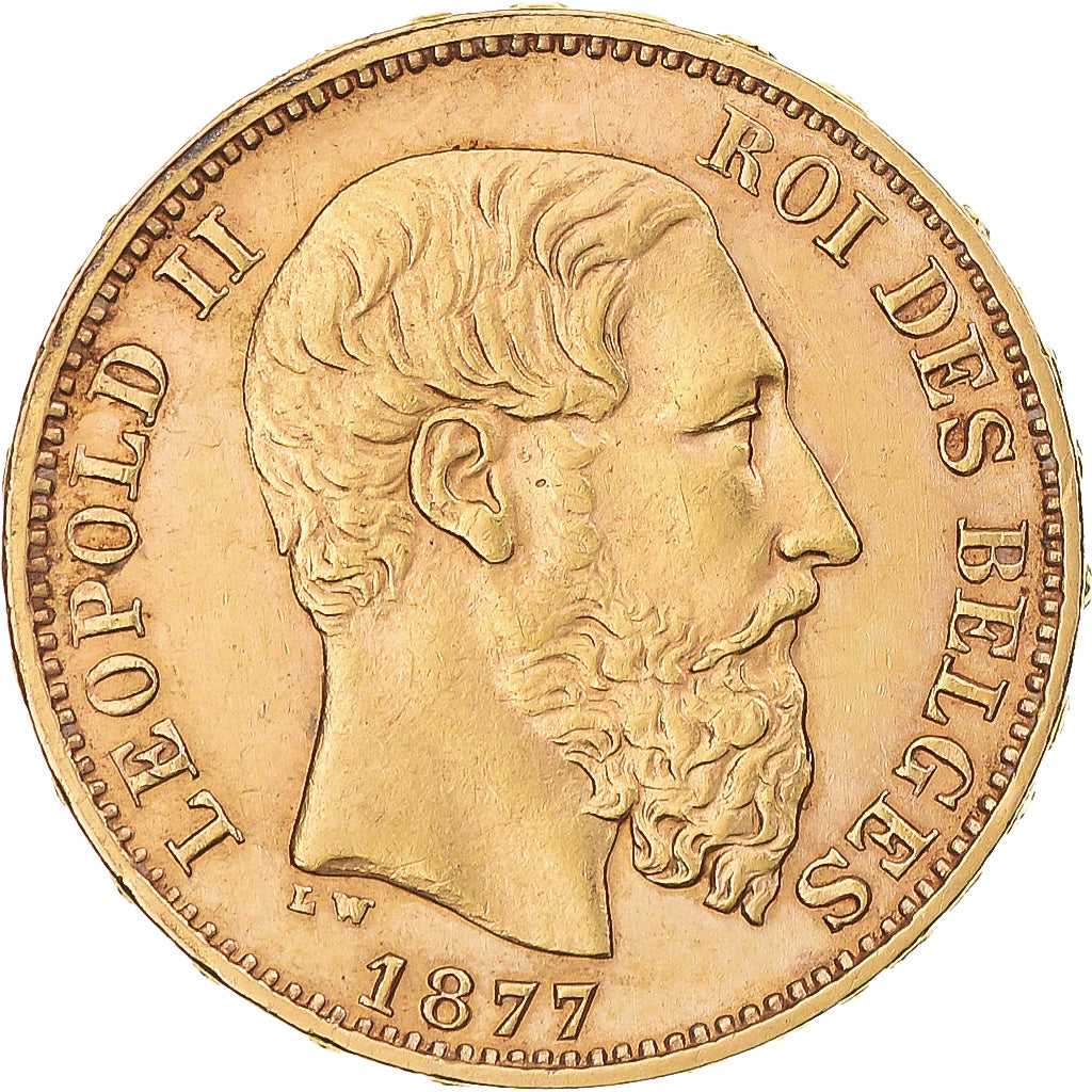 Moneta, Belgia, Leopold II, 20 Francs, 20 Frank, 1877, AU(50-53), Złoto, KM:37