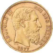 Moneta, Belgia, Leopold II, 20 Francs, 20 Frank, 1877, AU(50-53), Złoto, KM:37