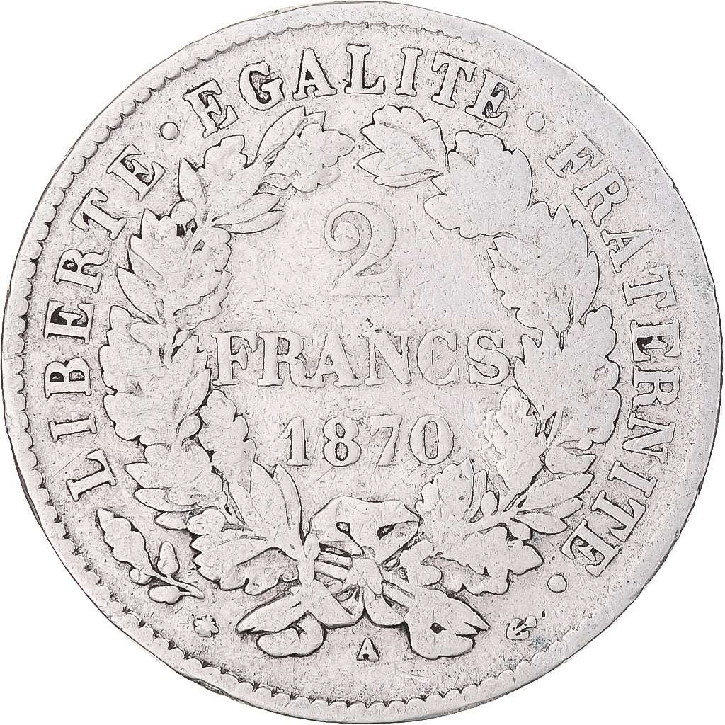Monnaie, France, Cérès, 2 Francs, 1870, Paris, Petit A, TB+, Argent