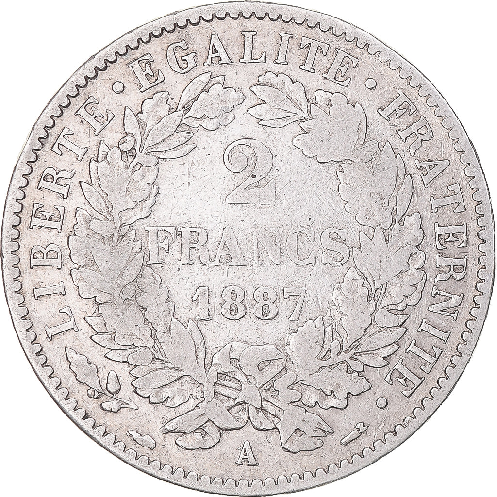 Coin, France, Cérès, 2 Francs, 1887, Paris, VF(30-35), Silver, KM:817.1