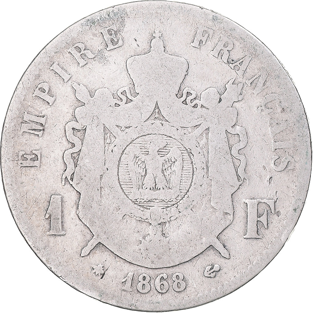 Moneta, Francja, Napoleon III, Franc, 1868, Paris, F(12-15), Srebro, KM:801.1