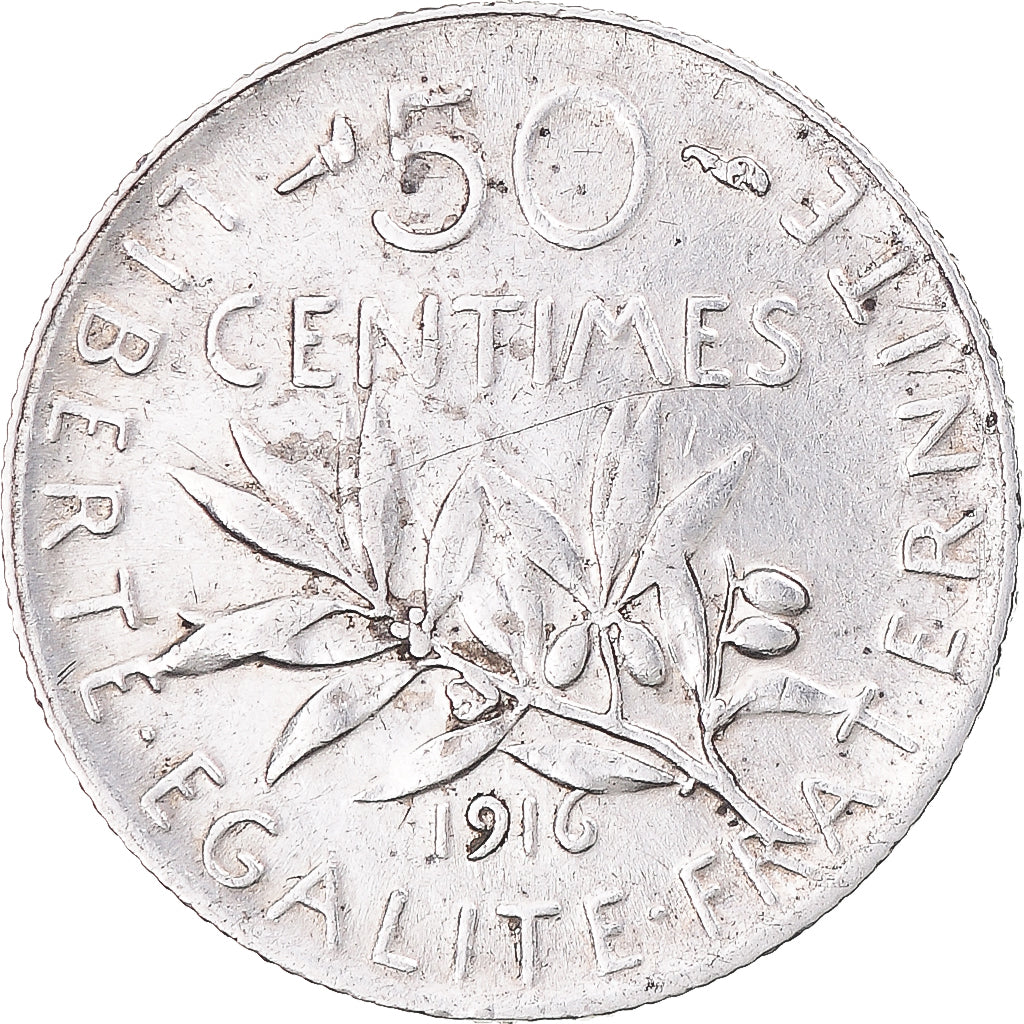 Moneda, Francia, Semeuse, 50 Centimes, 1916, Paris, MBC+, Plata, KM:854