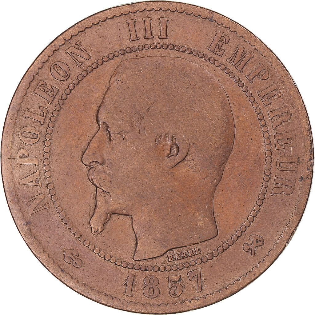Moeda, França, Napoleon III, 10 Centimes, 1857, Rouen, F(12-15), Bronze