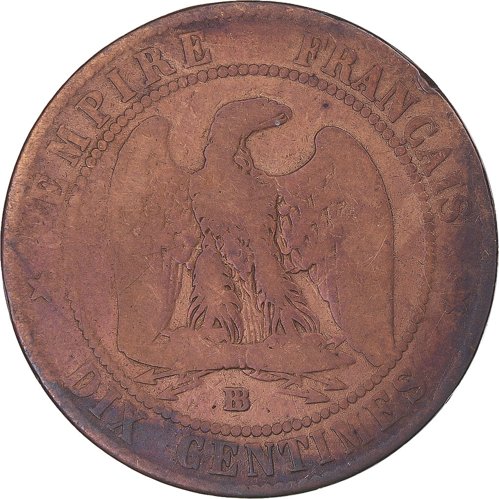 Moeda, França, Napoleon III, 10 Centimes, 1854, Strasbourg, F(12-15), Bronze