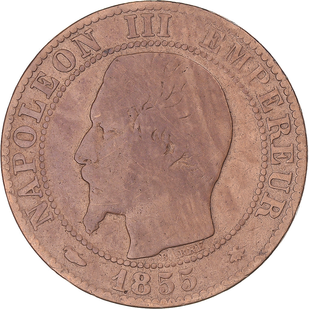 Moneta, Francia, Napoleon III, 5 Centimes, 1855, Strasbourg, Chien / Dog, B+