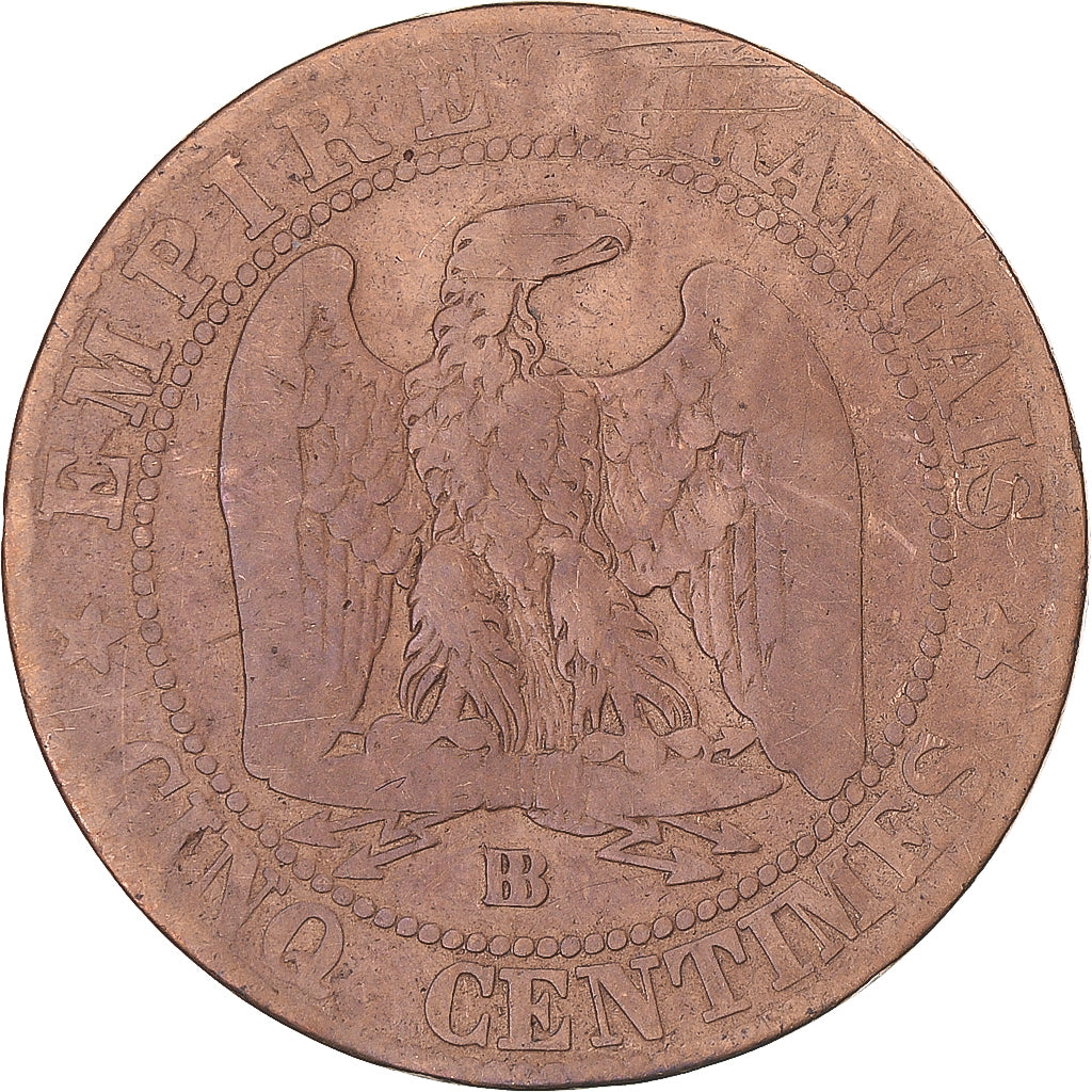 Moneta, Francia, Napoleon III, 5 Centimes, 1855, Strasbourg, Chien / Dog, B+