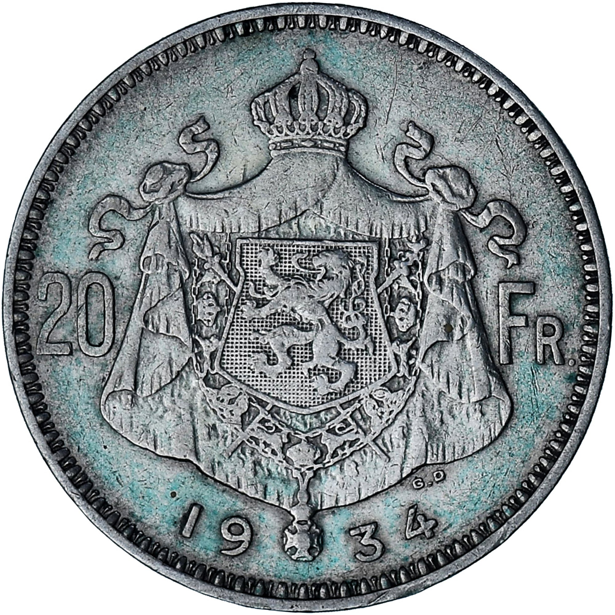 Moneda, Bélgica, Albert I, 20 Francs, 20 Frank, 1934, Tranche A, MBC, Plata