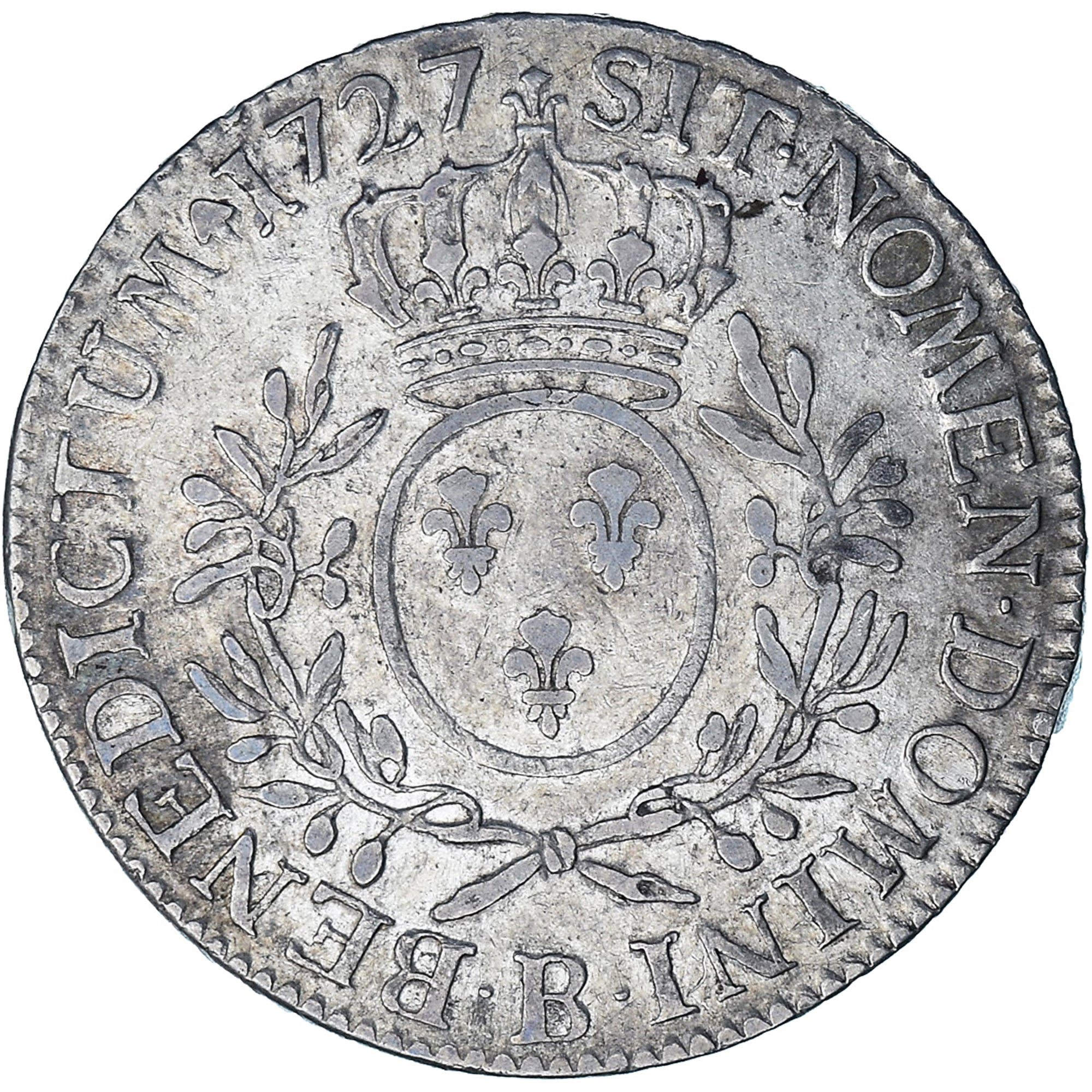 Coin, France, Louis XV, Ecu aux branches d'olivier, 1727, Rouen, VF(30-35)
