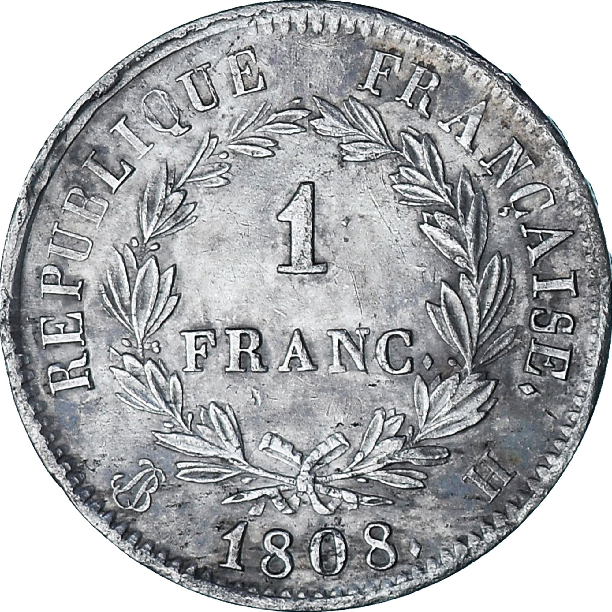 Coin, France, Napoléon I, Franc, 1808, La Rochelle, AU(50-53), Silver