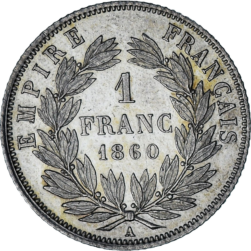 Moeda, França, Napoleon III, Franc, 1860, Paris, bee, AU(55-58), Prata
