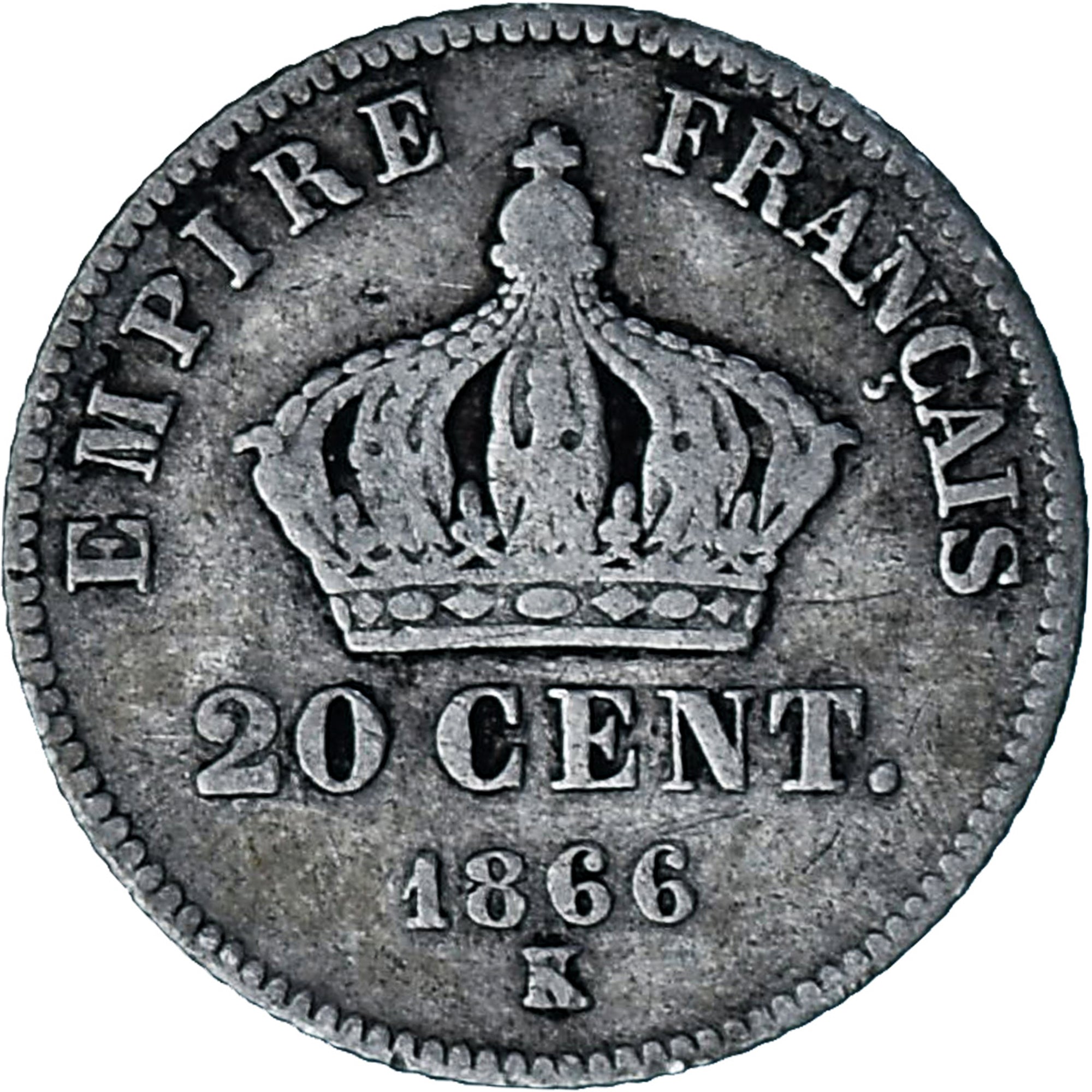 Moneta, Francia, Napoleon III, 20 Centimes, 1866, Bordeaux, MB, Argento