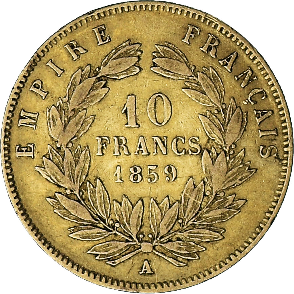 Moneda, Francia, Napoleon III, 10 Francs, 1859, Paris, BC+, Oro, KM:784.3