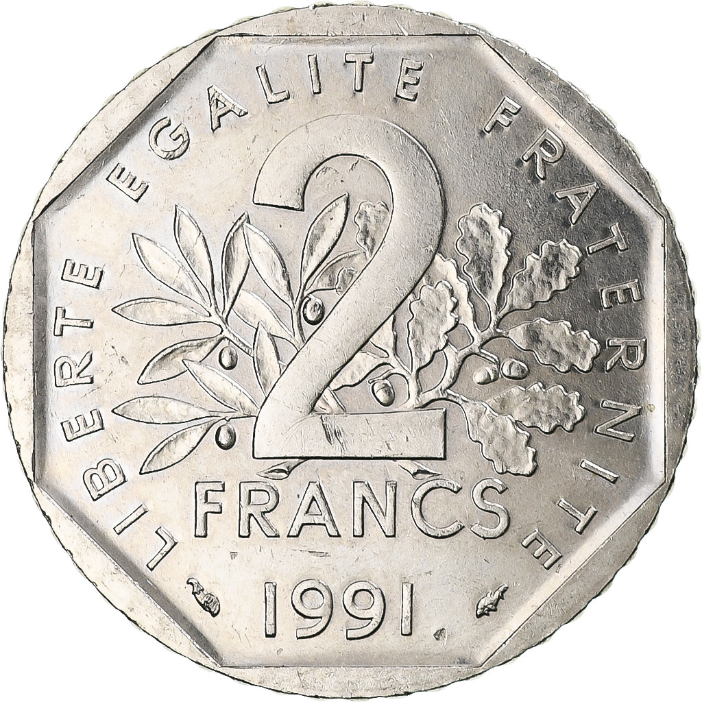 Francja, Semeuse, 2 Francs, 1991, Paris, Bardzo rzadkie, AU(55-58), Nikiel