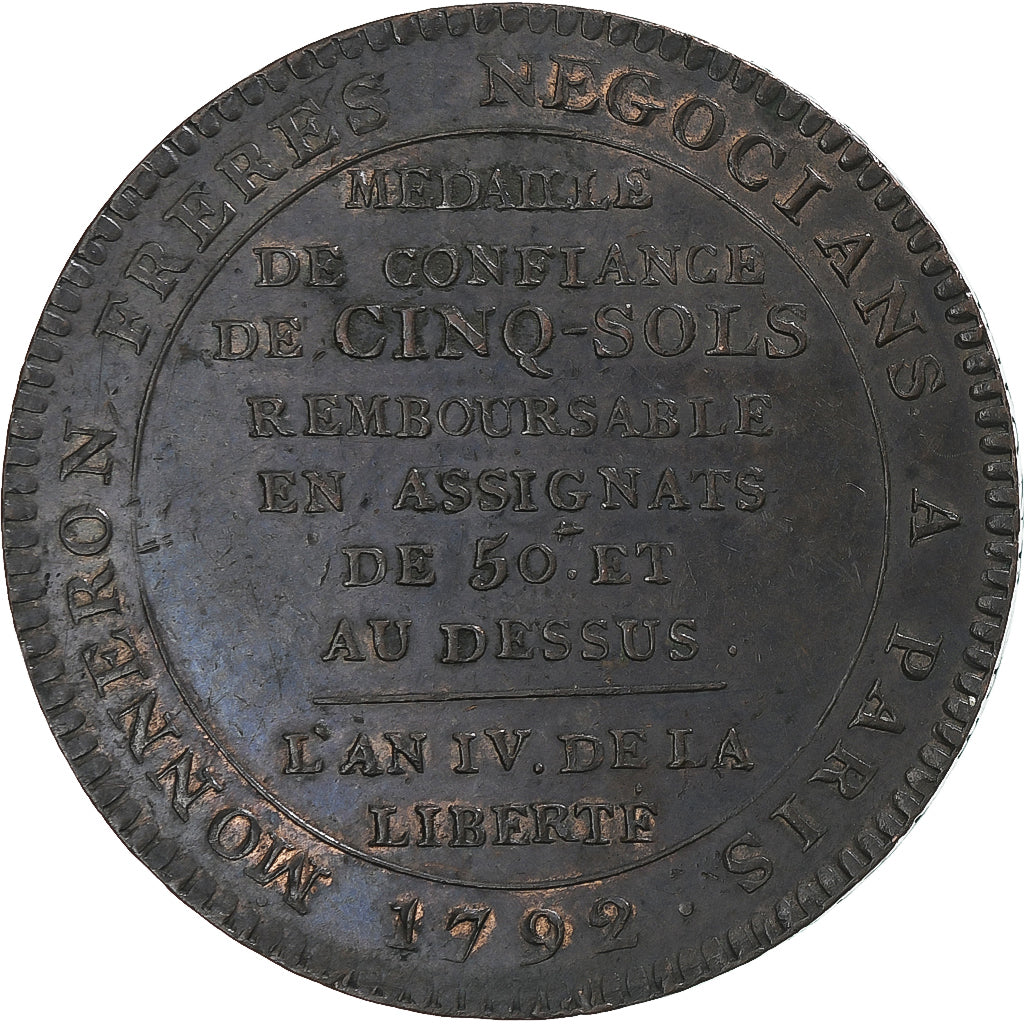 França, 5 Sols, 1792, Birmingham, Monneron, AU(50-53), Bronze, KM:Tn31