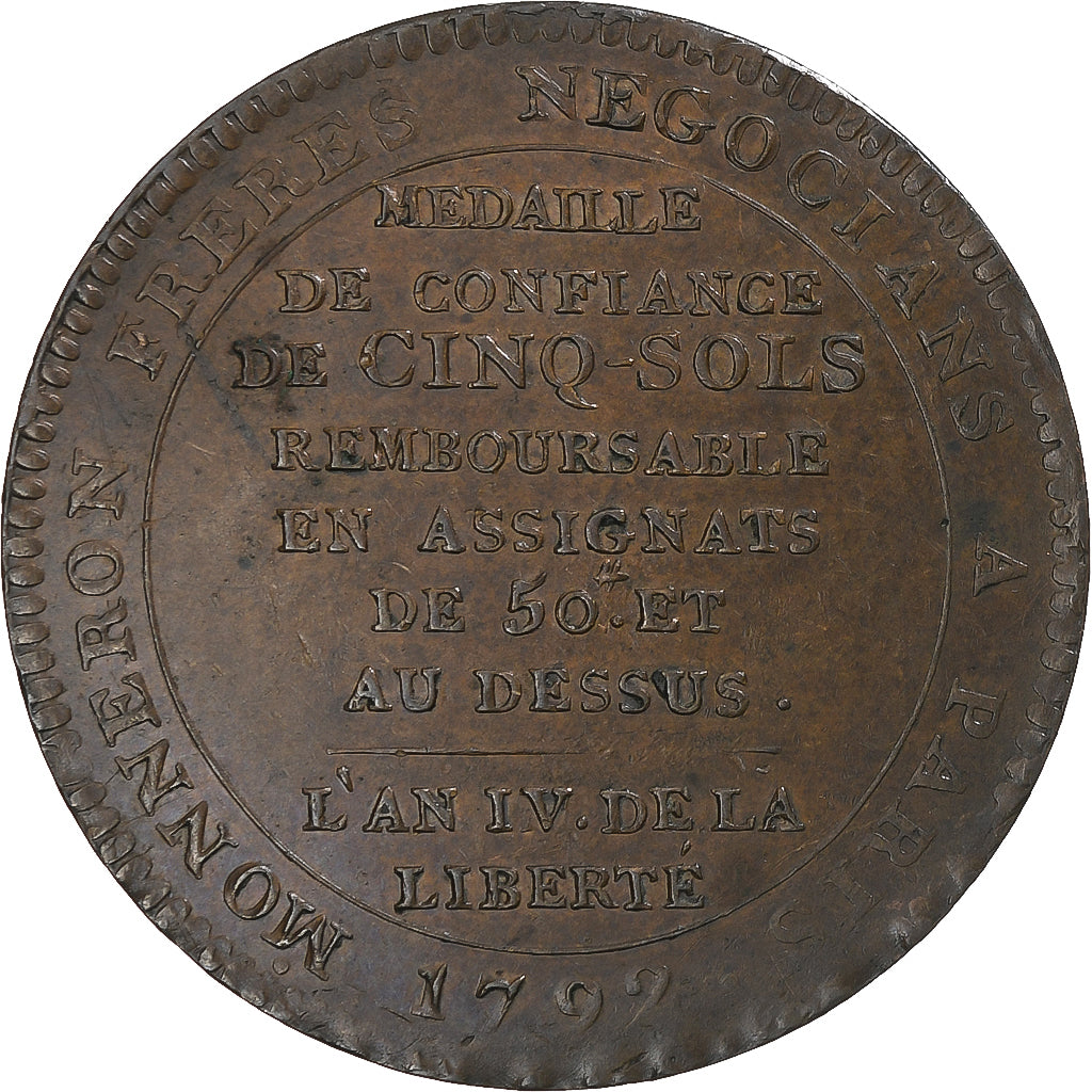 France, 5 Sols, 1792, Birmingham, Monneron, AU(50-53), Bronze, KM:Tn31