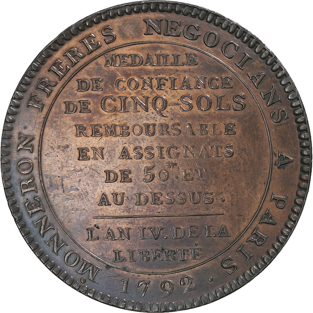 France, 5 Sols, 1792, Birmingham, Monneron, AU(55-58), Bronze, KM:Tn31