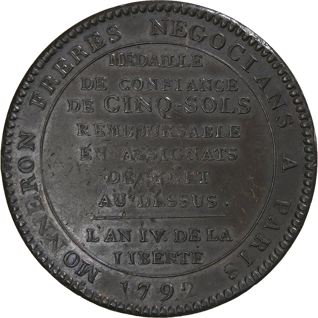 France, 5 Sols, 1792, Birmingham, Monneron, TTB+, Bronze, KM:Tn31, Brandon:223e
