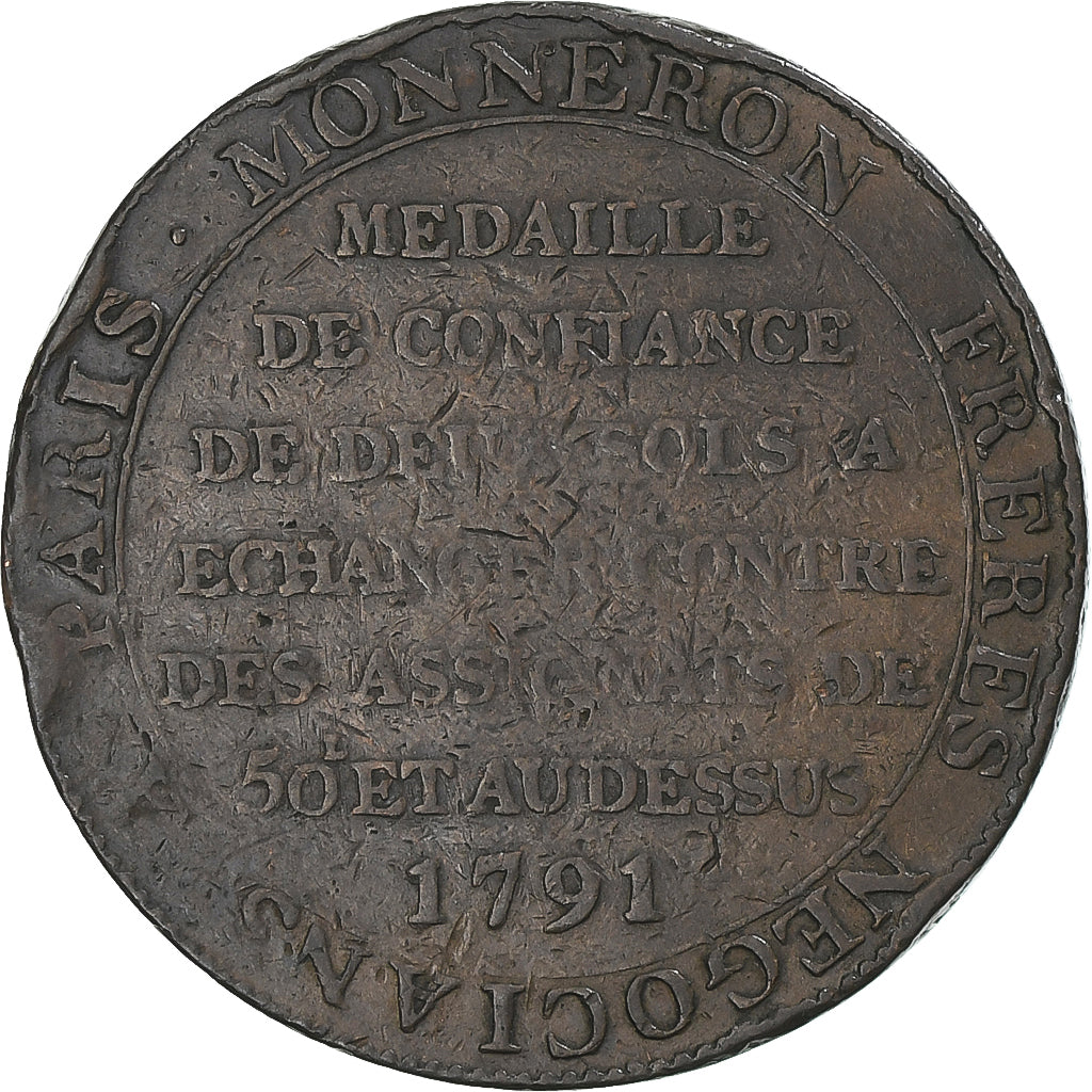 Frankreich, 2 Sols, 1791, Birmingham, Monneron, S+, Bronze, KM:Tn23, Brandon:217