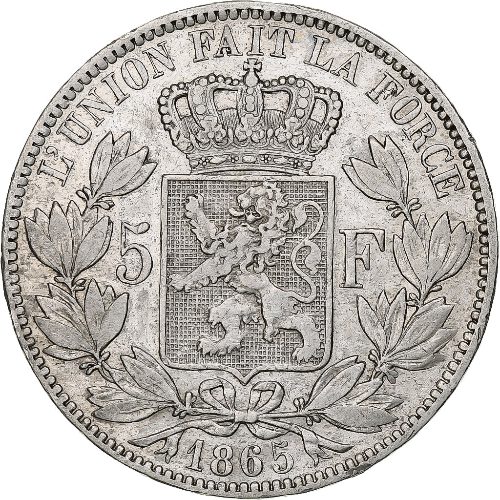 België, Leopold I, 5 Francs, 5 Frank, 1865, Zilver, FR+, KM:17