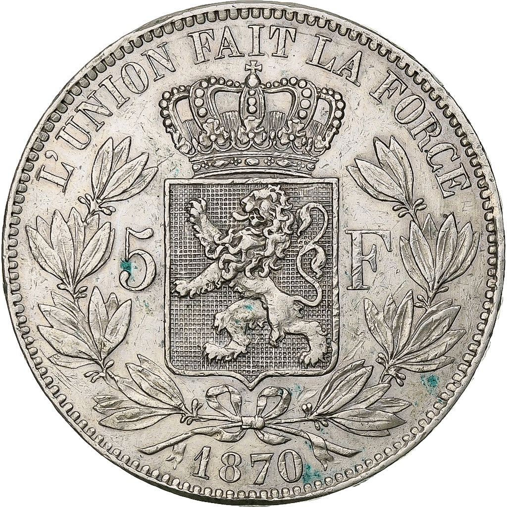 Belgia, Leopold II, 5 Francs, 5 Frank, 1870, Srebro, EF(40-45), KM:24