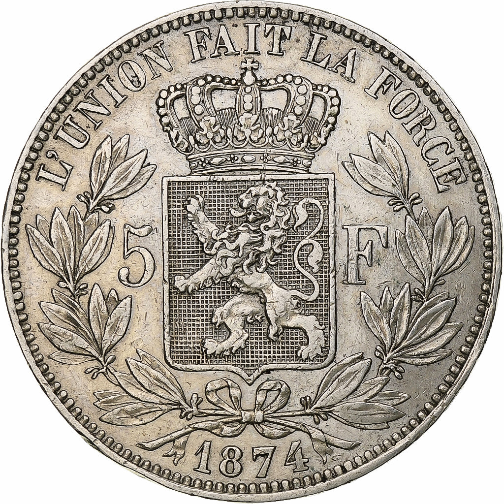 Belgia, Leopold II, 5 Francs, 5 Frank, 1874, Srebro, EF(40-45), KM:24