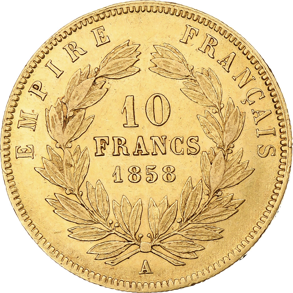 França, 10 Francs, Napoléon III, 1858, Paris, Dourado, EF(40-45)