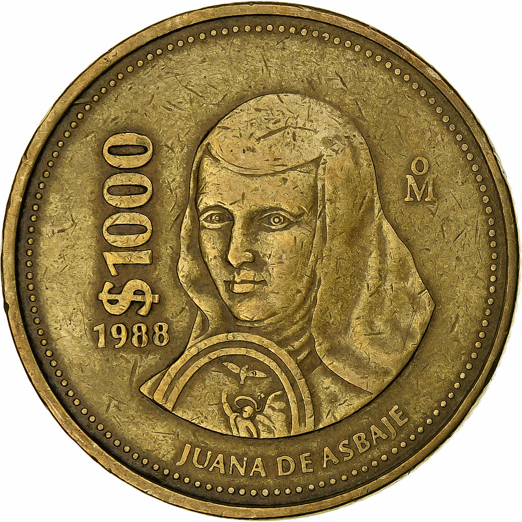México, 1000 Pesos, 1988, Mexico City, Aluminio - bronce, MBC, KM:536