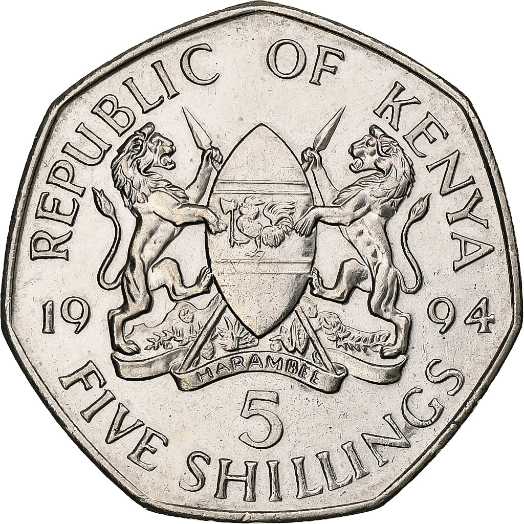 Kenya, 5 Shillings, 1994, British Royal Mint, Nickel plated steel, AU(55-58)