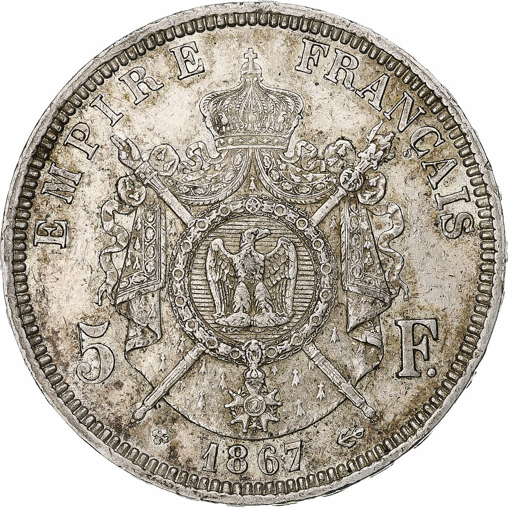 France, Napoleon III, 5 Francs, 1867, Strasbourg, Silver, AU(50-53)