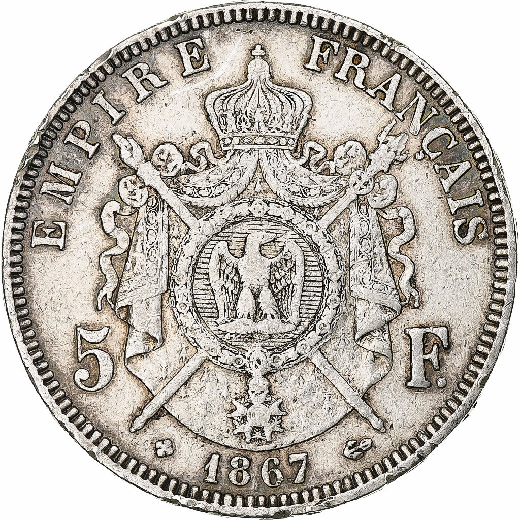 France, Napoleon III, 5 Francs, 1867, Strasbourg, Silver, VF(30-35)