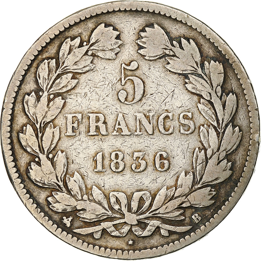 França, 5 Francs, Louis-Philippe, 1836, Rouen, Prata, VF(20-25), Gadoury:678